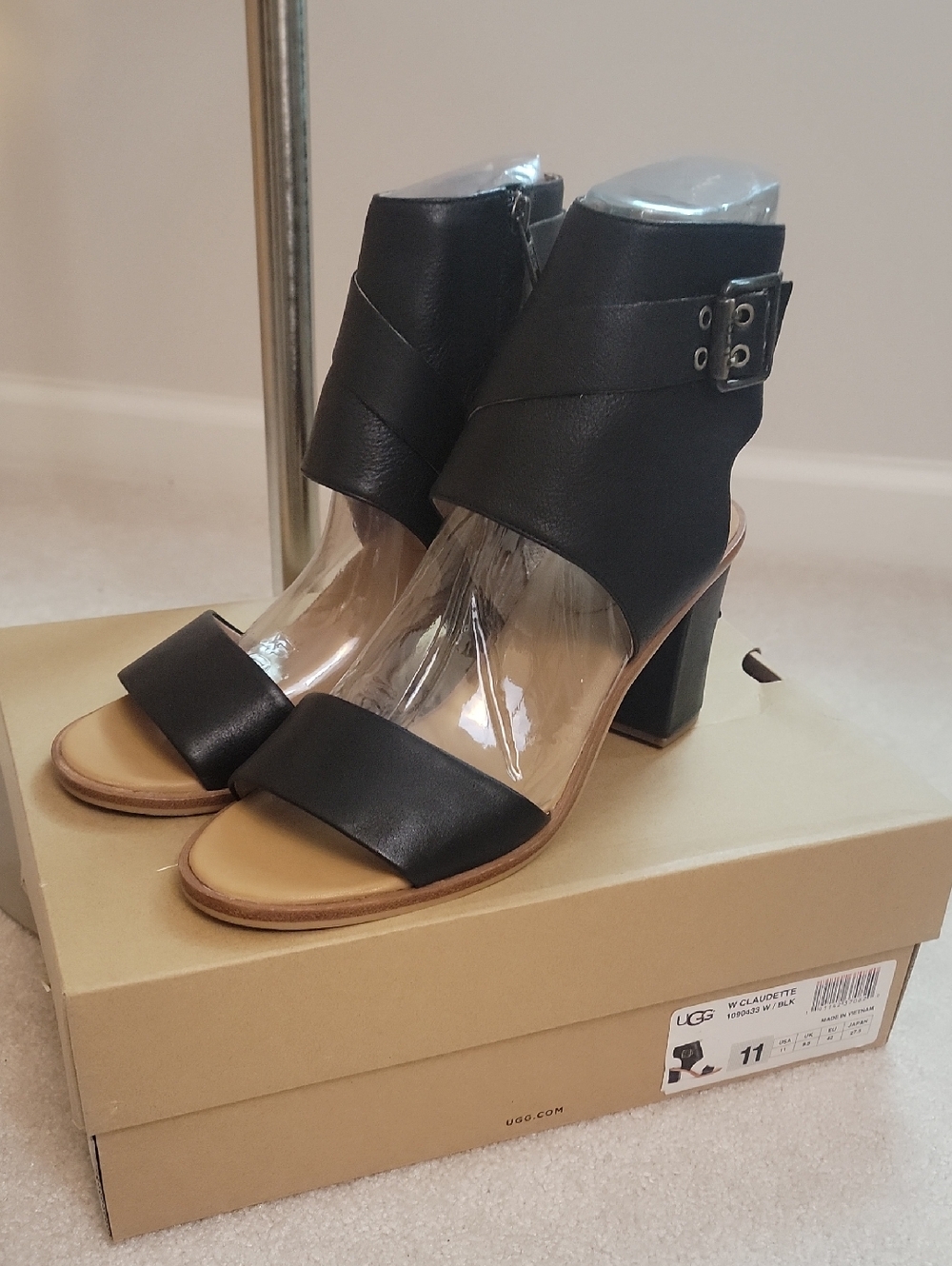NWT - UGG Women's Black Leather Open-Toe Block Heel Sandal with Ankle Buckle